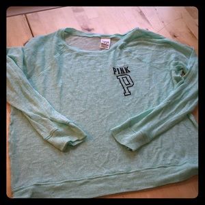 Pink logo mint teal loose knit sweater